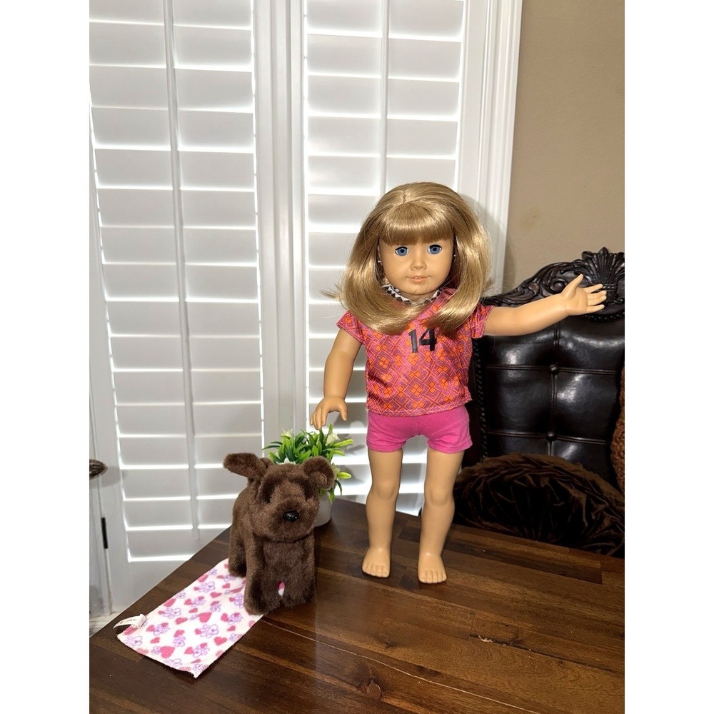 American Girl Truly Me Doll 32 Blue Eyes Blonde Hair Bangs Soccer Outfit and Dog